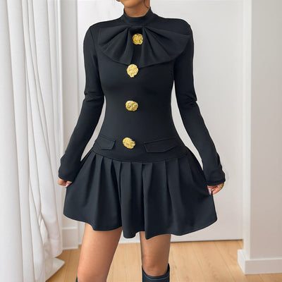 Bowknot Button Decorated Stand Collar Long Sleeve Dress - Korvel