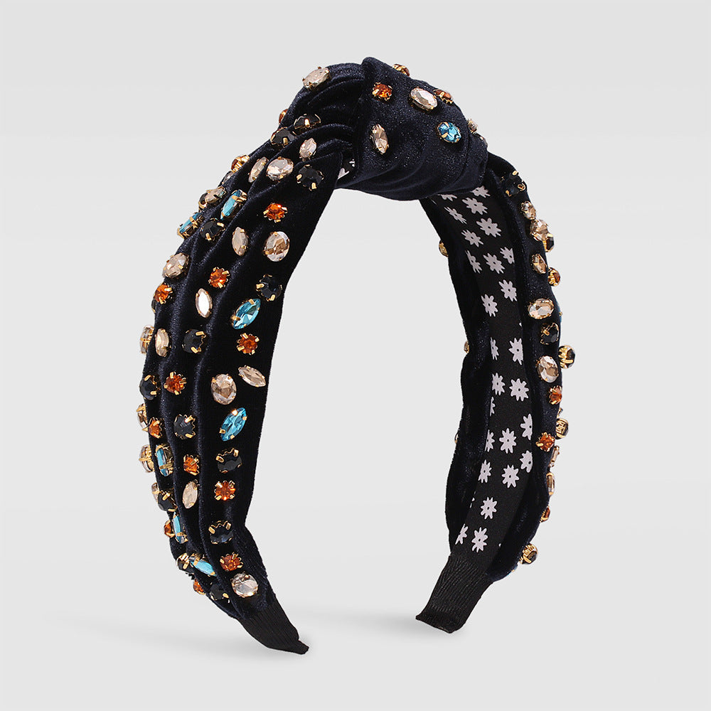 Exaggerated Fashion Hair Bands Female Corduroy Temperament Sweet Hair Ornaments Wide Side Knotted With Diamonds Headband - Korvel