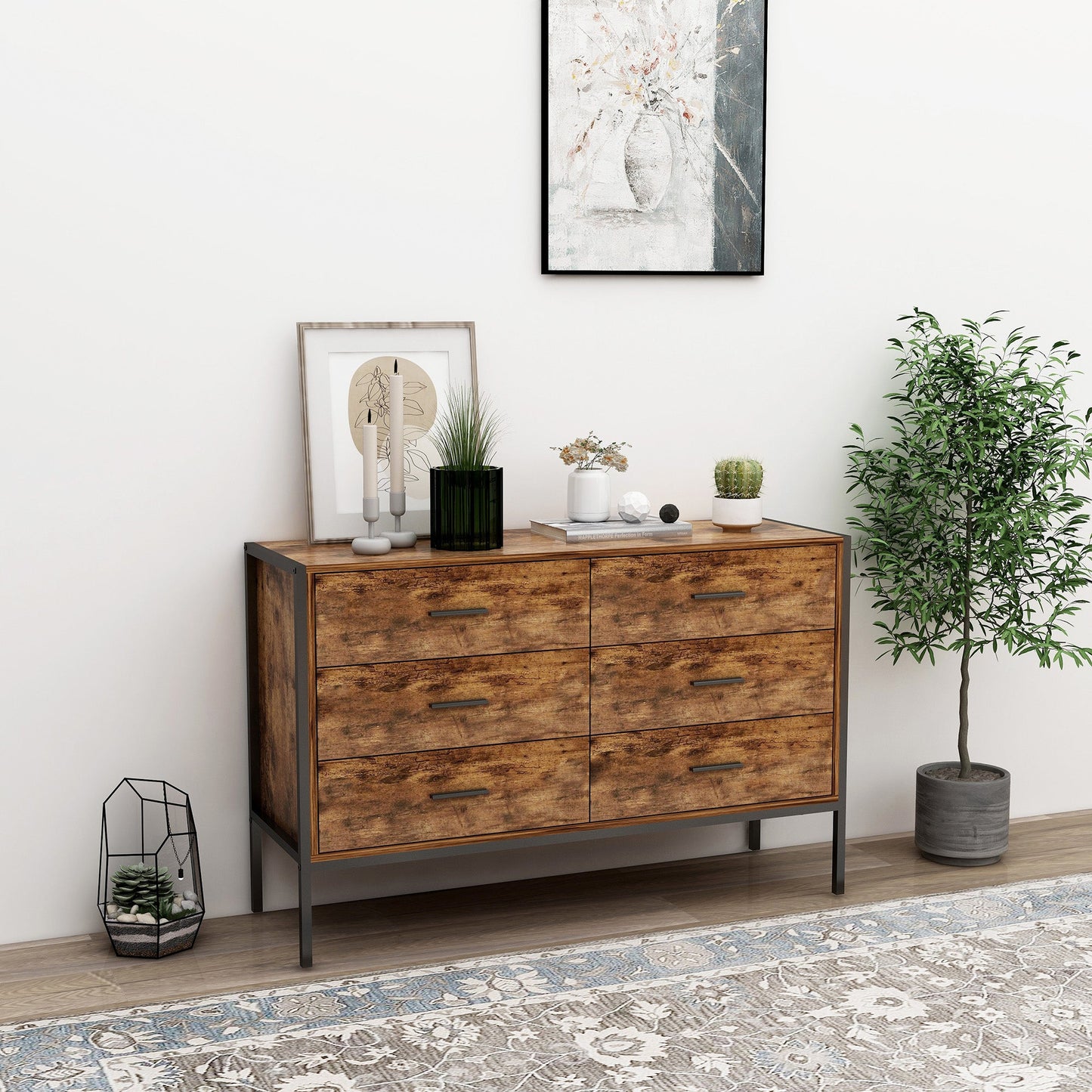Industrial Style 6 Drawer Double Dresser in Rustic Brown
