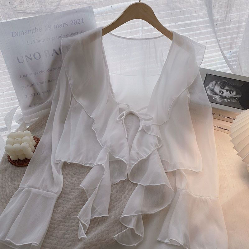 Haut en chiffon à volants grande taille avec protection solaire pour femmes