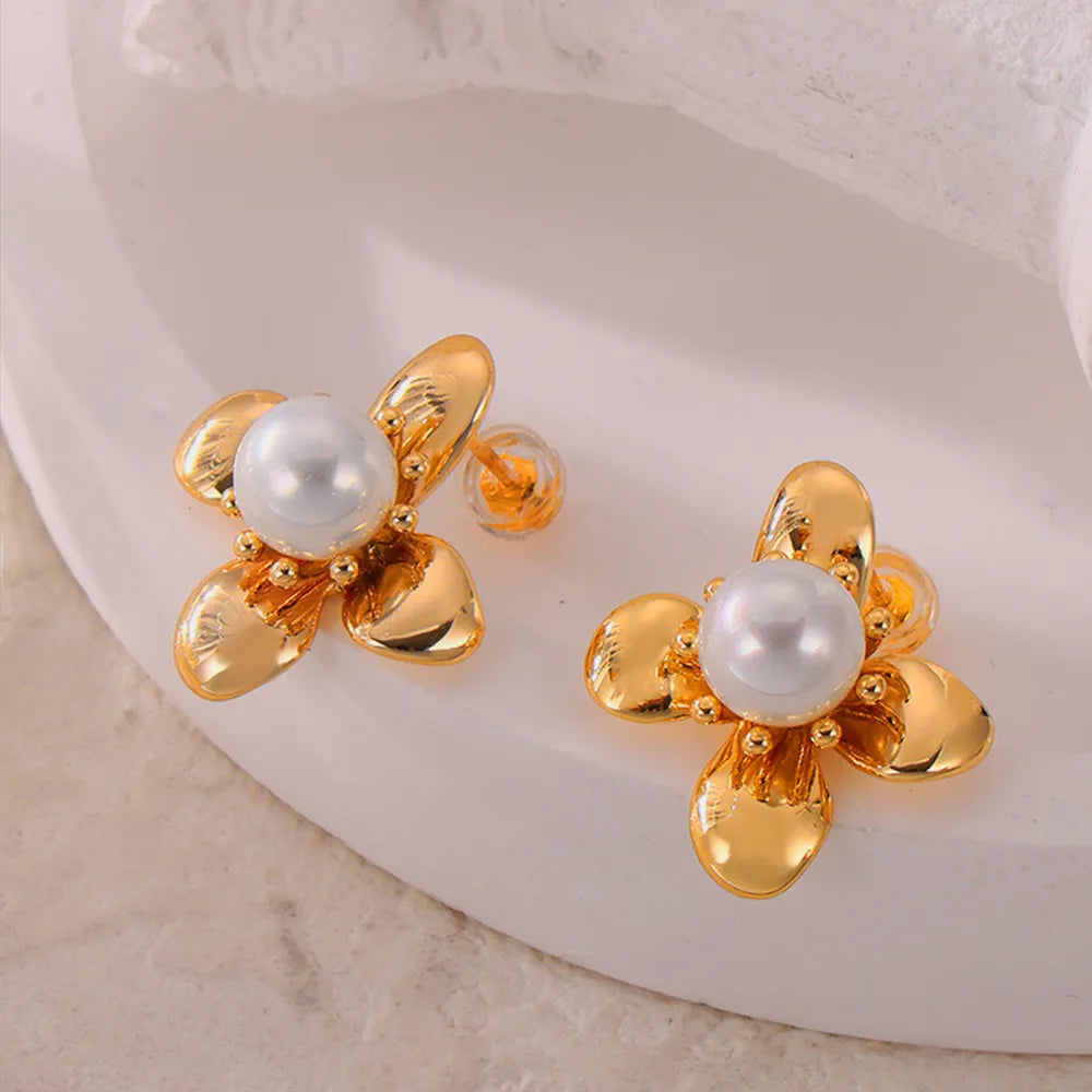 Synthetic Pearl Titanium Steel Flower Earrings - Korvel