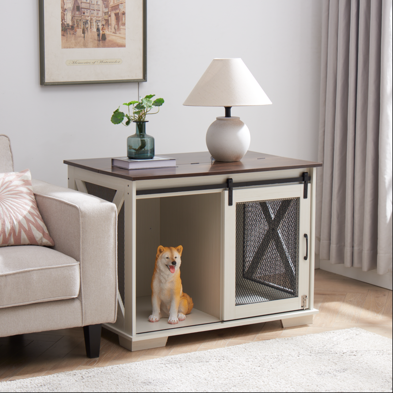 Farm kennel Flat noodles furniture with sliding barn door, farm wooden kennel end table, dog house with removable partition - Korvel