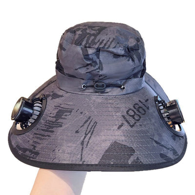 Solar powered fan large brim hat men's outdoor sunshade hat mountain climbing fisherman hat - Korvel