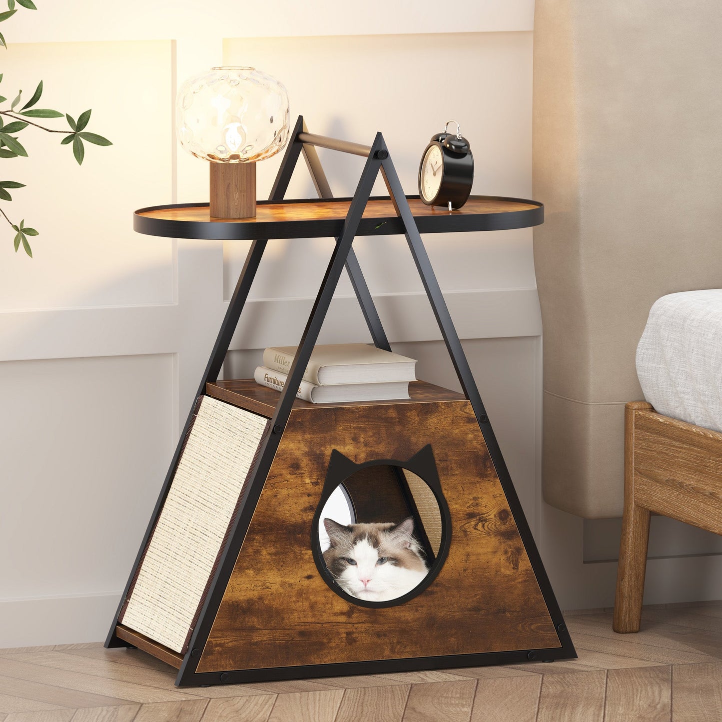 Vintage Black Wood Cat Condo & End Table