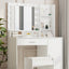 Large drawer with mirror and light, three-layer storage vanity, adjustable brightness for 3 lighting modes (white with stool) - Korvel