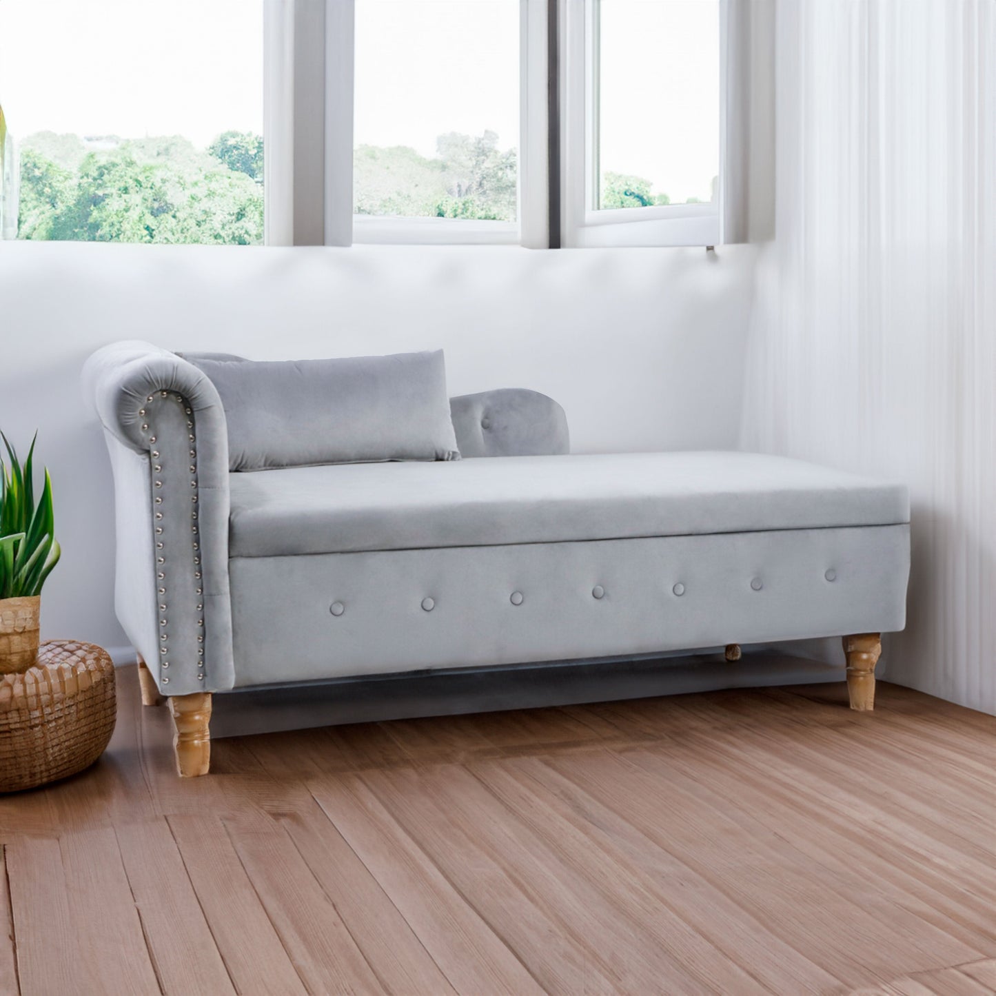 Chaise longue en velours gris avec rangement et coussin