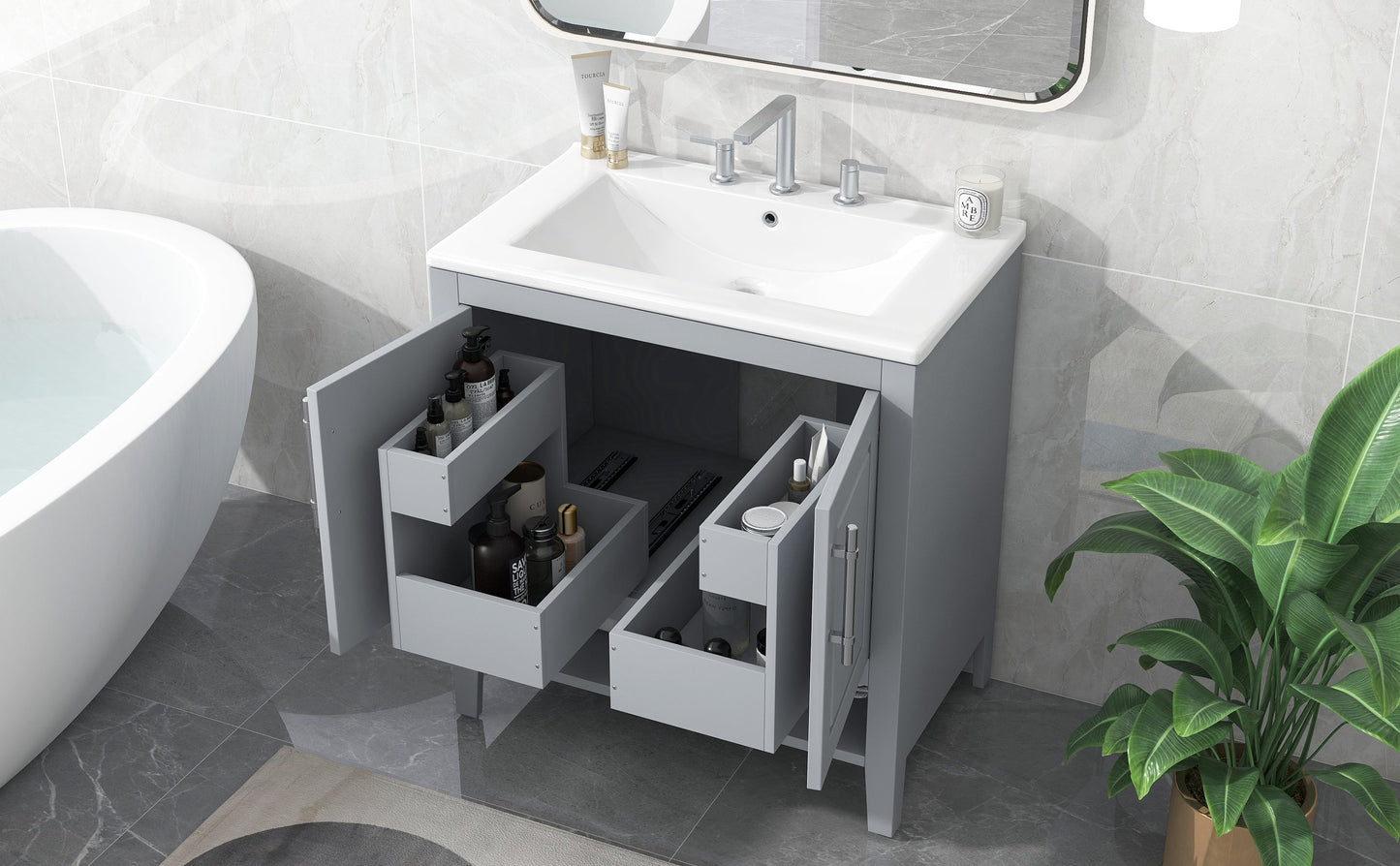 30" Bathroom Vanity with Sink, Multi-functional Bathroom Cabinet with Doors and Drawers, Solid Frame and MDF Board, Grey - Korvel
