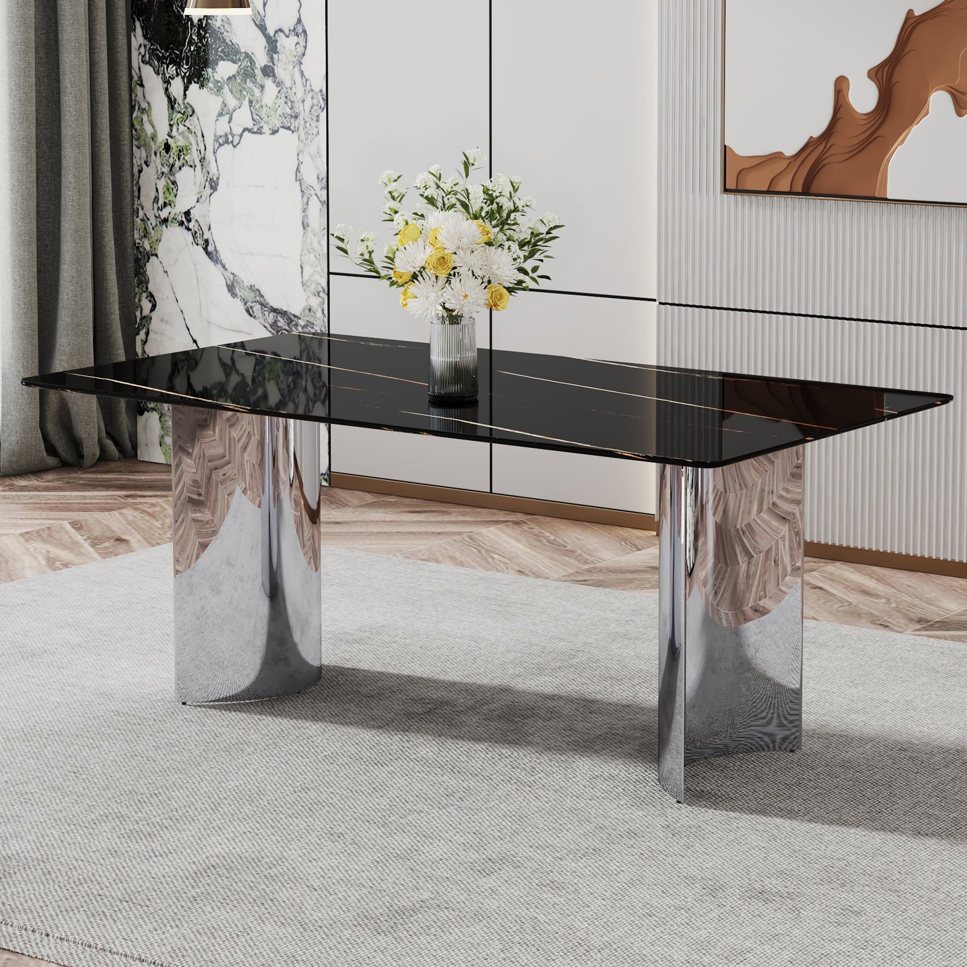 Modern minimalist dining table The black imitation marble glass desktop is equipped with silver metal legs - Korvel