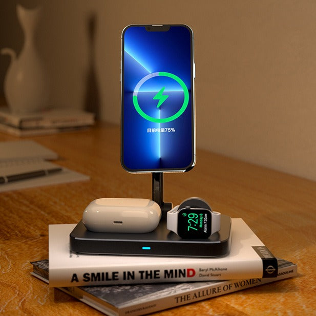 Three in one magnetic wireless charger stand with cooling fan suitable for wireless charging of iPhone earphones and watches - Korvel
