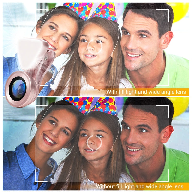 3 in 1 Phone Lens, LED Flish Light Lens For iphone SE X 8 7 6 6S Fish Eye Lens 0.4-0.6X Wide Angle+10X Macro Clip-on Lens - Korvel