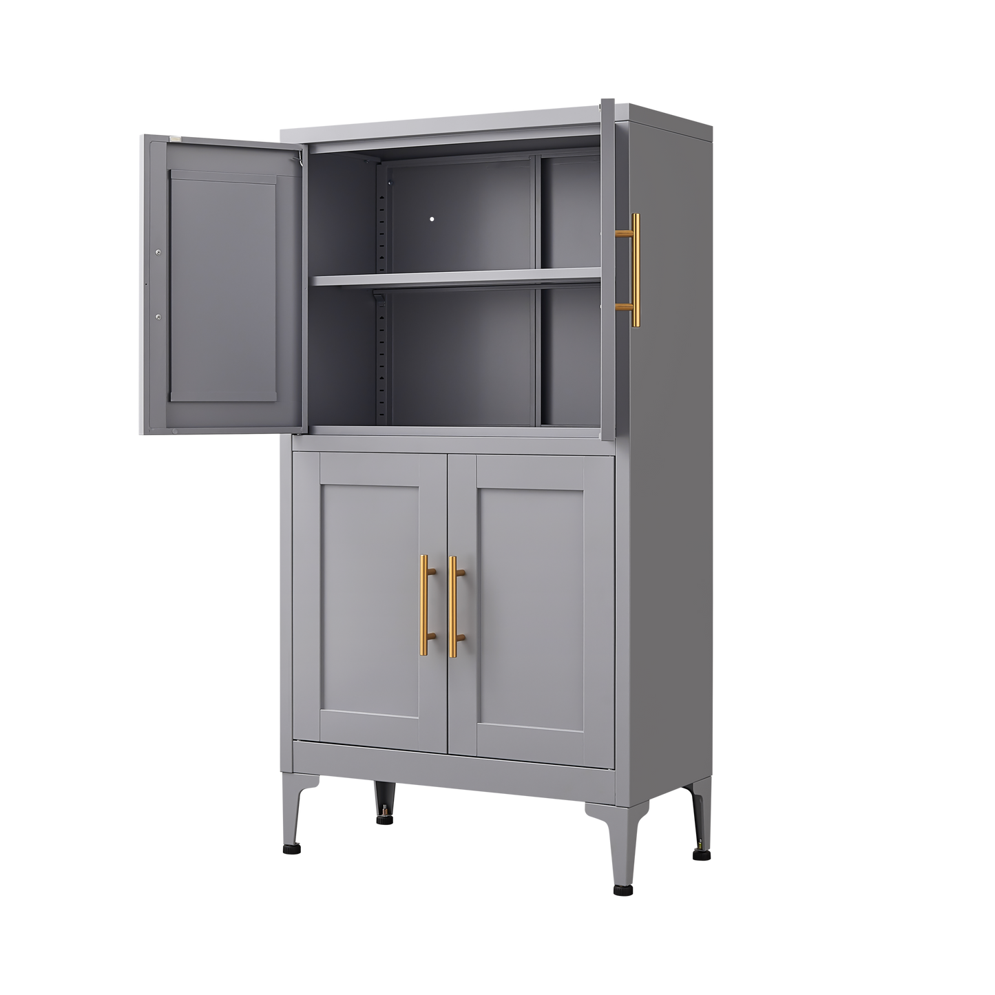 Grey metal kitchen storage cabinet, kitchen pantry storage cabinet with door and shelf, adjustable leveling feet - Korvel