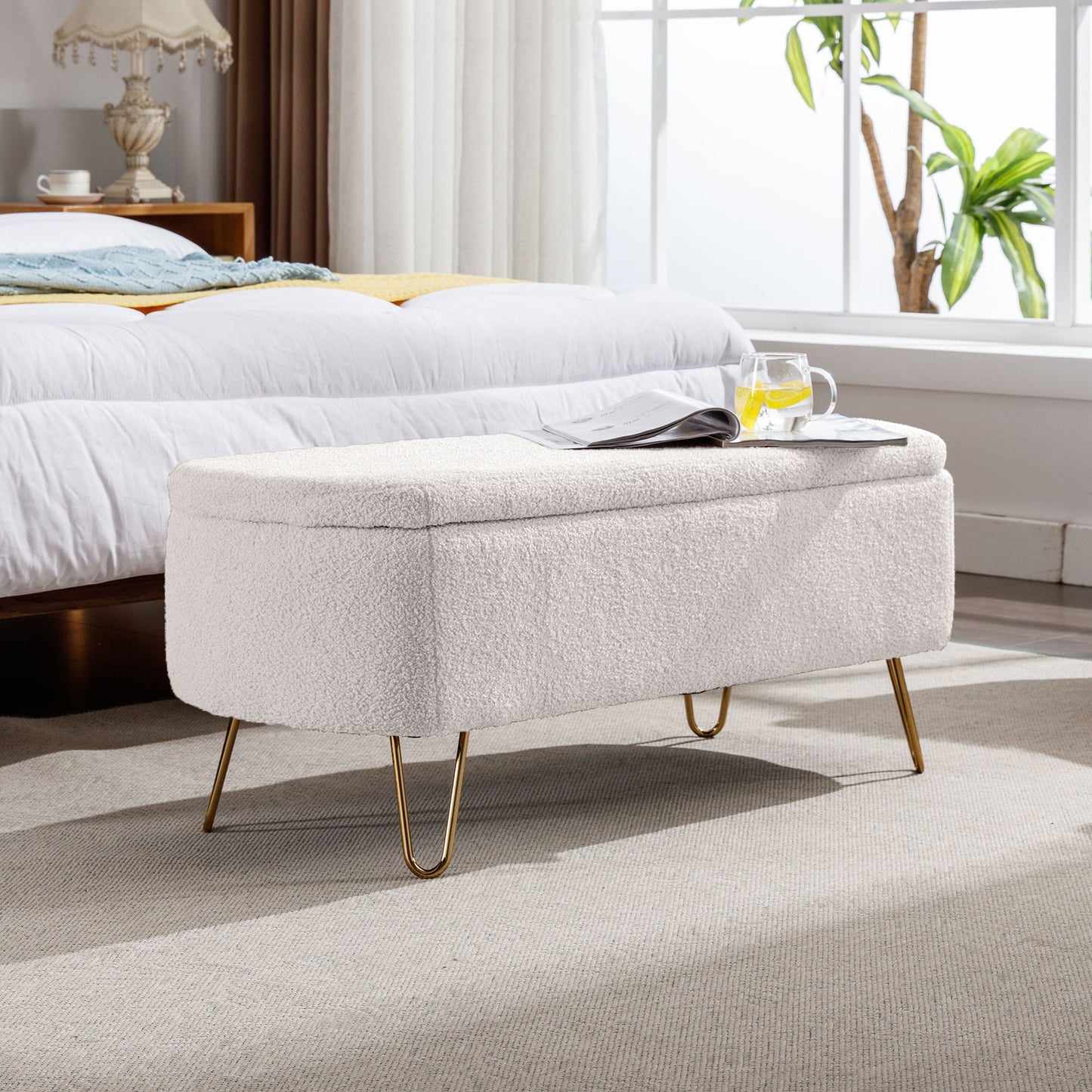 Ivory White Storage Ottoman Bench with Gold Legs