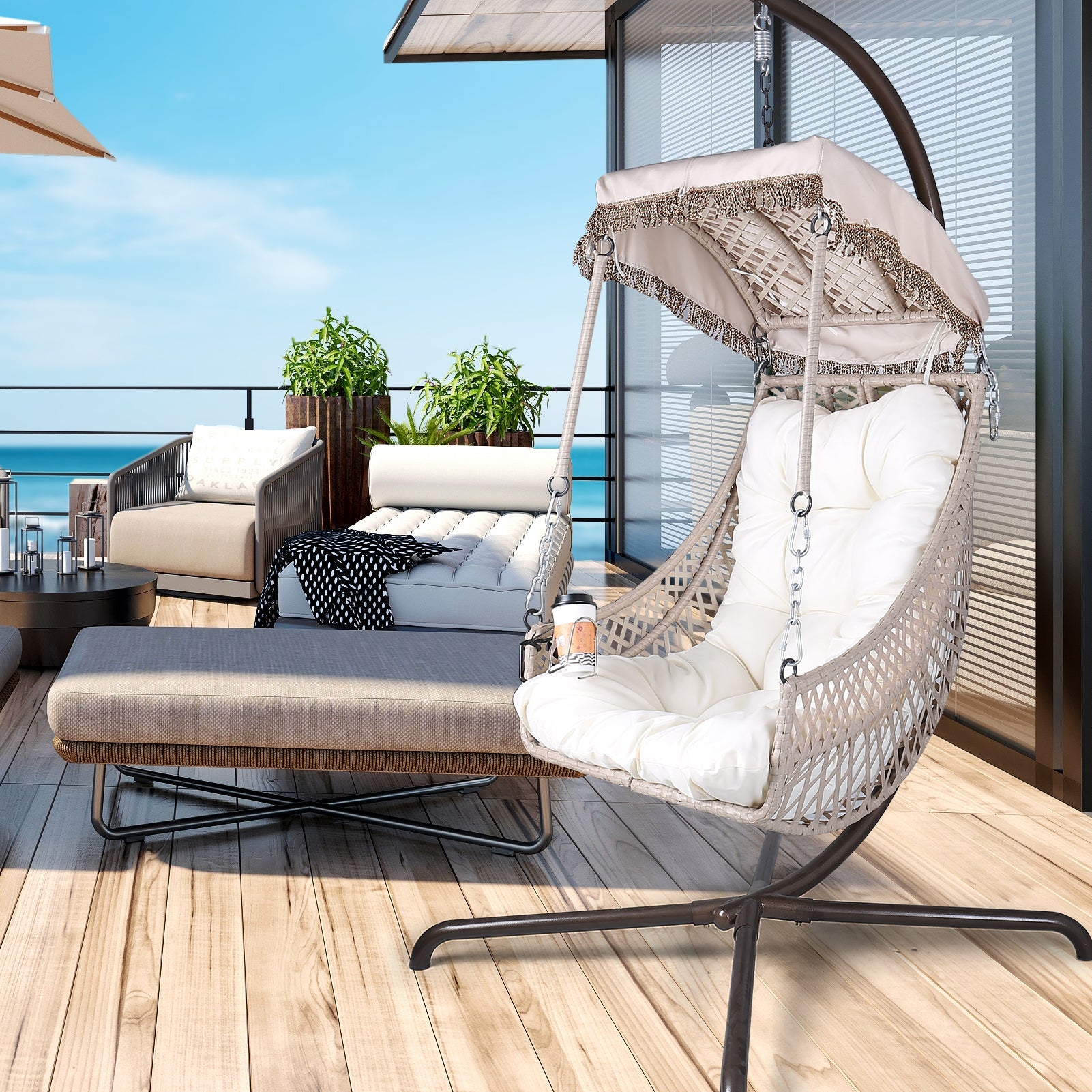 Swing Egg Chair with Stand Indoor Outdoor Wicker Rattan Frame 350lbs Capacity Hammock Chair for Patio Bedroom with Sunshade Clot - Korvel