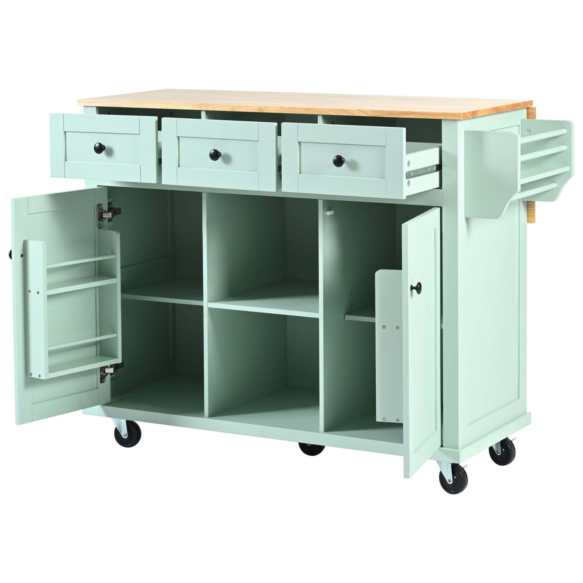 Kitchen trolley, cabinet door internal storage rack with storage cabinet and 3 dining room drawers, mint green - Korvel