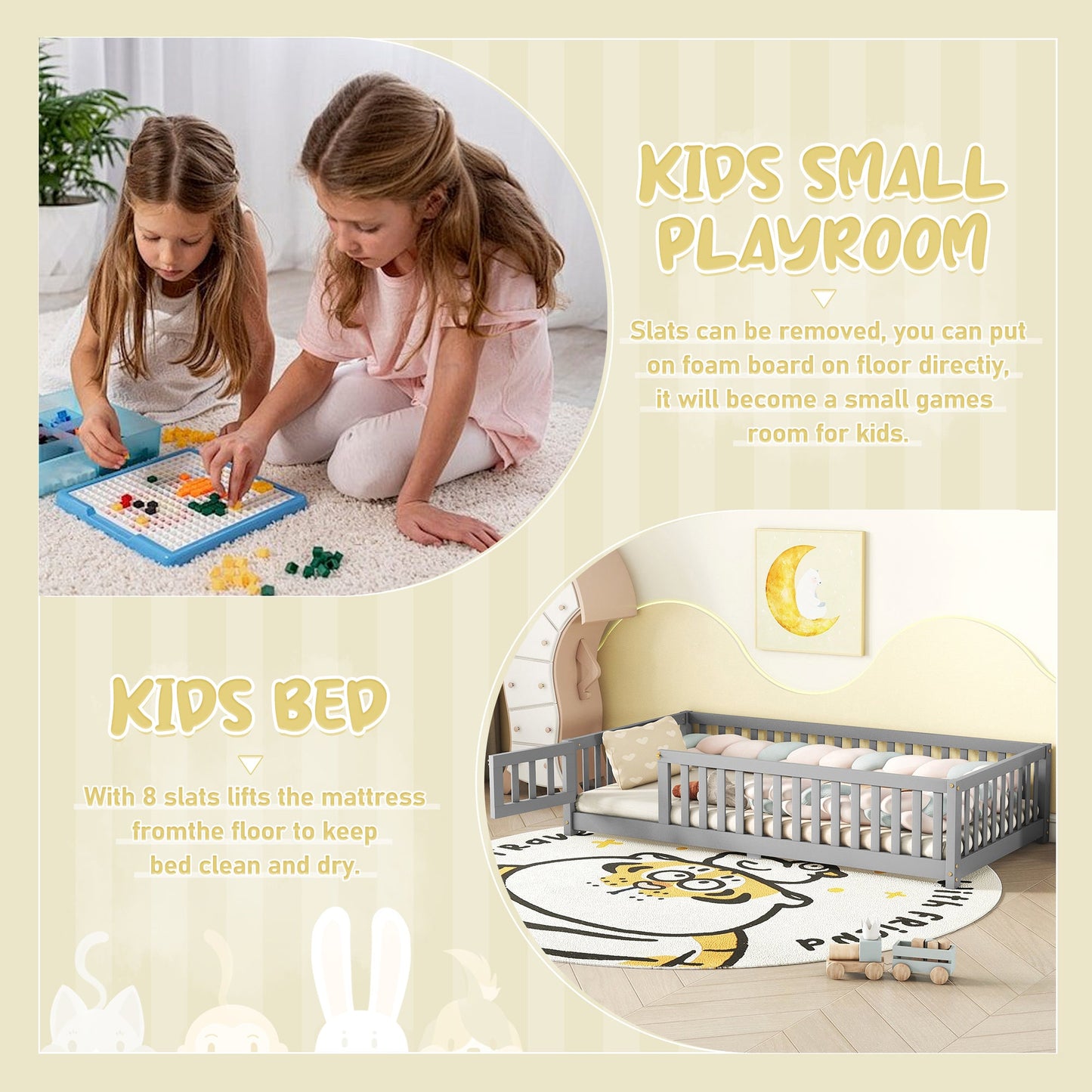 Twin Size Bed Floor Bed with Safety Guardrails and Door for Kids, Gray - Korvel
