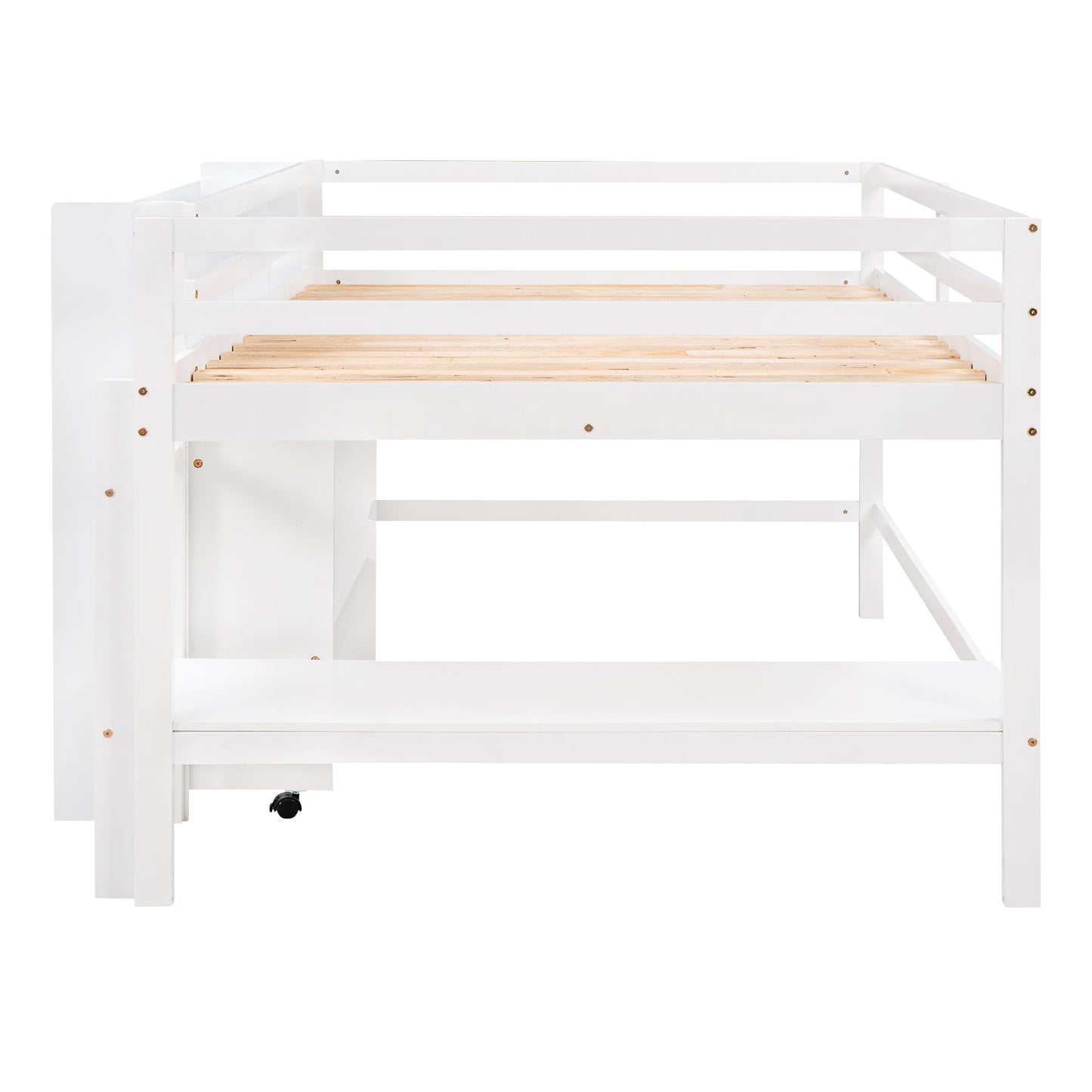 Full Size Low Loft Bed with Rolling Portable Desk, Drawers and Shelves, White - Korvel