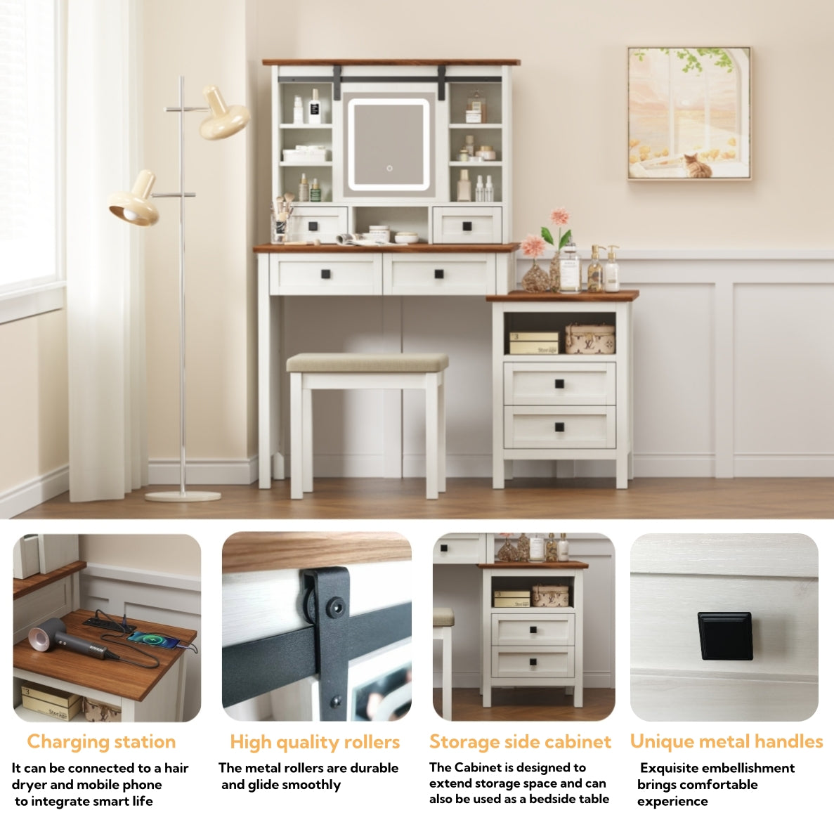 46.5-inch dressing table with adjustable LED lighting mirror and charging station, equipped with soft cushioned stool - Korvel