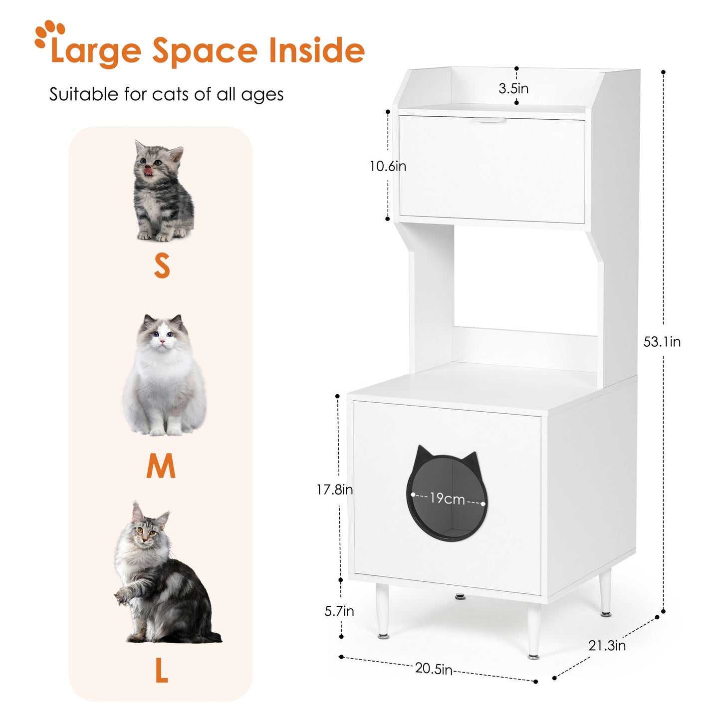 White wooden hidden cat trash can with rack and trash can shell, indoor cat house pet box, storage cabinet - Korvel