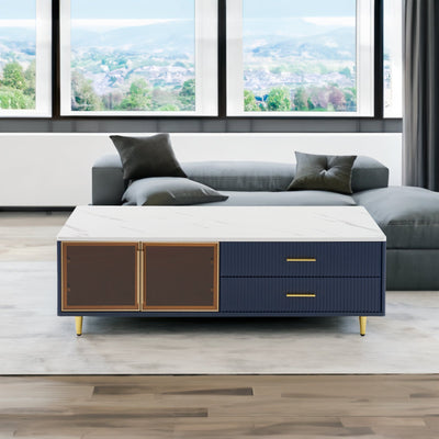 Modern Navy Blue Coffee Table with 2 Glass Door Storage, 4 Drawers, Gold Metal Legs, and Multi-Color Lighting in 47.2'' - Korvel