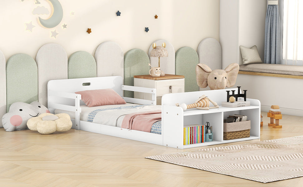 Twin Size Floor Bed with Storage Footboard and Guardrail, White - Korvel
