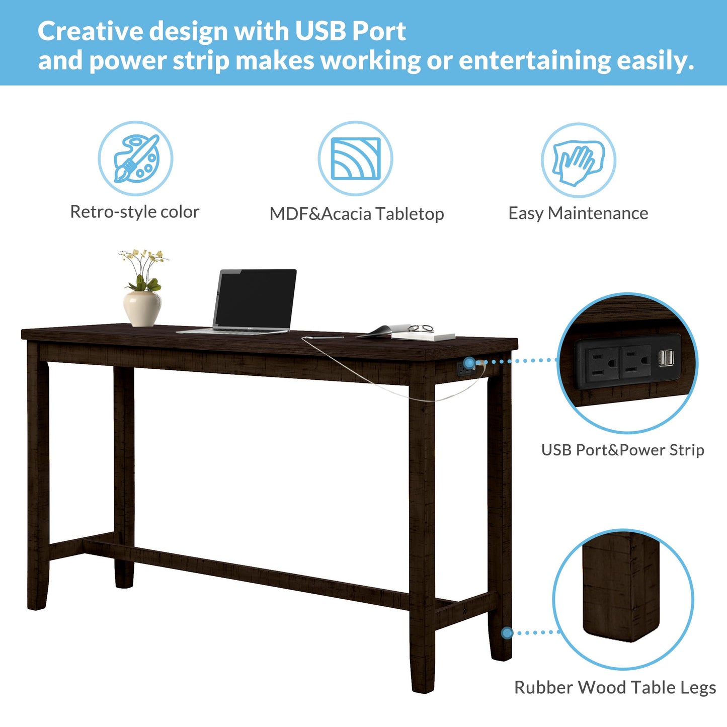 TOPMAX 4 Pieces Counter Height Table with Fabric Padded Stools, Rustic Bar Dining Set with Socket, Brown - Korvel