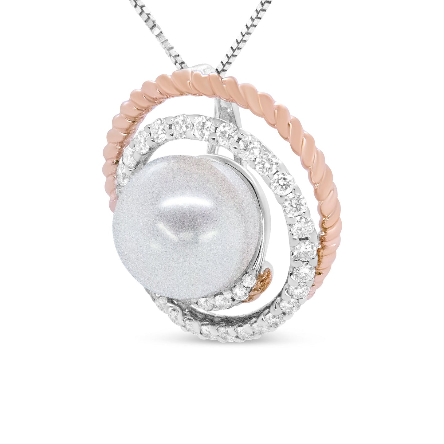 14K Rose and White Gold Pave Diamond & Pearl Pendant Necklace