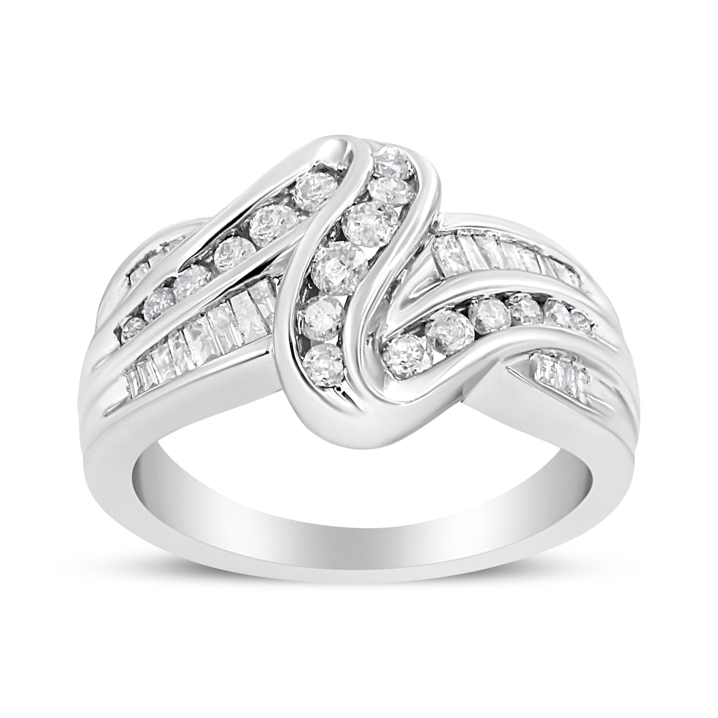 Bague Bypass en Or Blanc 10K avec Diamants Ronds et Baguette - Taille 6