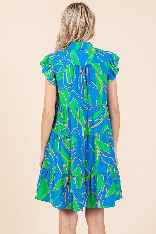 Robe Mini à Manches Volantes Imprimée Feuilles d'Été