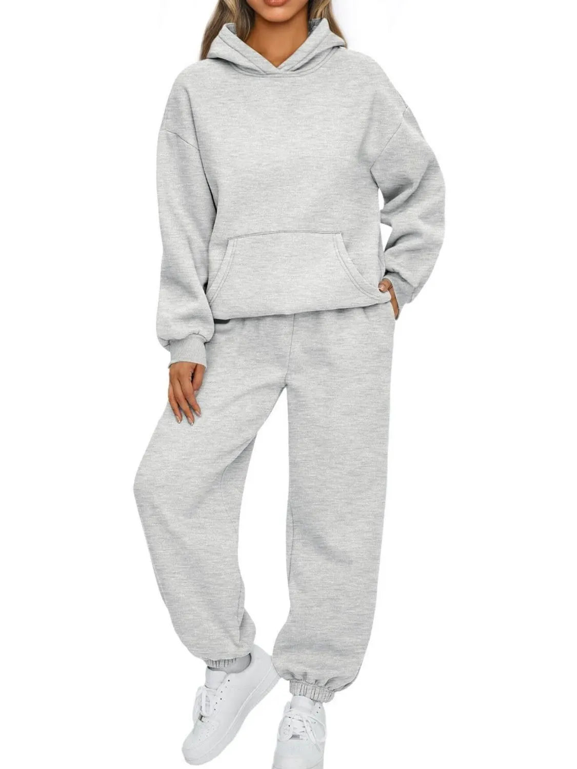 Plus Size Kangaroo Pocket Hoodie and Joggers Set