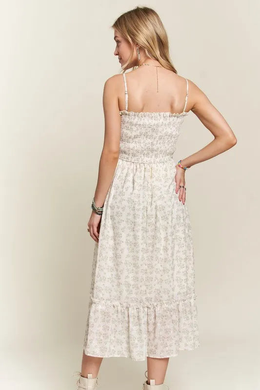 Boho-Inspired Smocked Floral Ruffled Hem Cami Dress