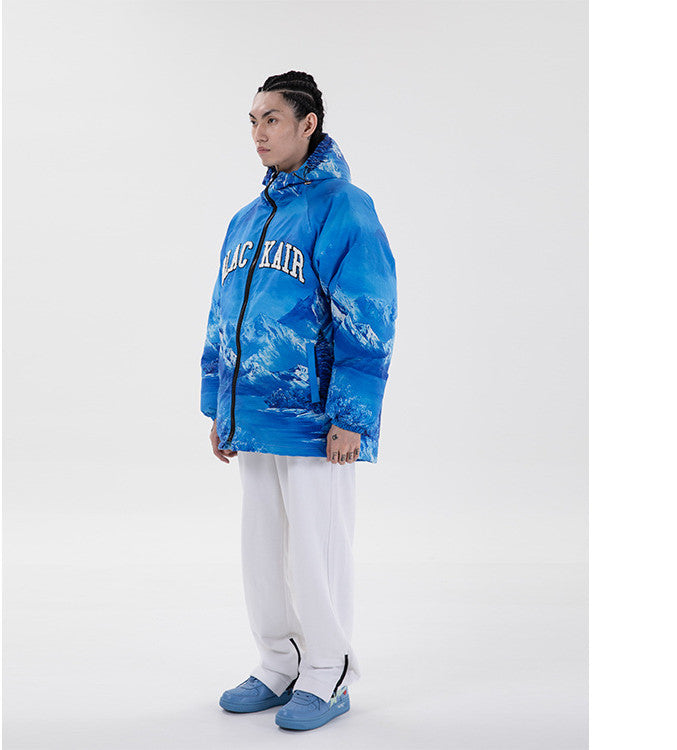 Snow Mountain Blue Embroidered Cotton Puffer Jacket