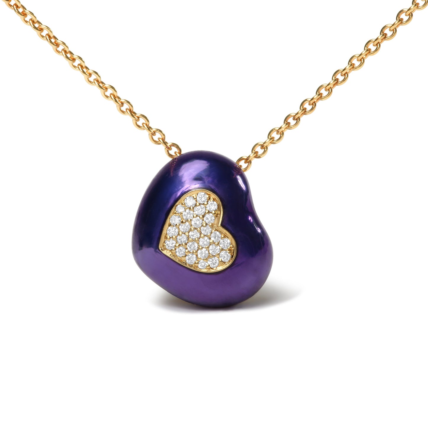 Collier pendentif en cœur en or jaune 18K avec émail bleu et diamants