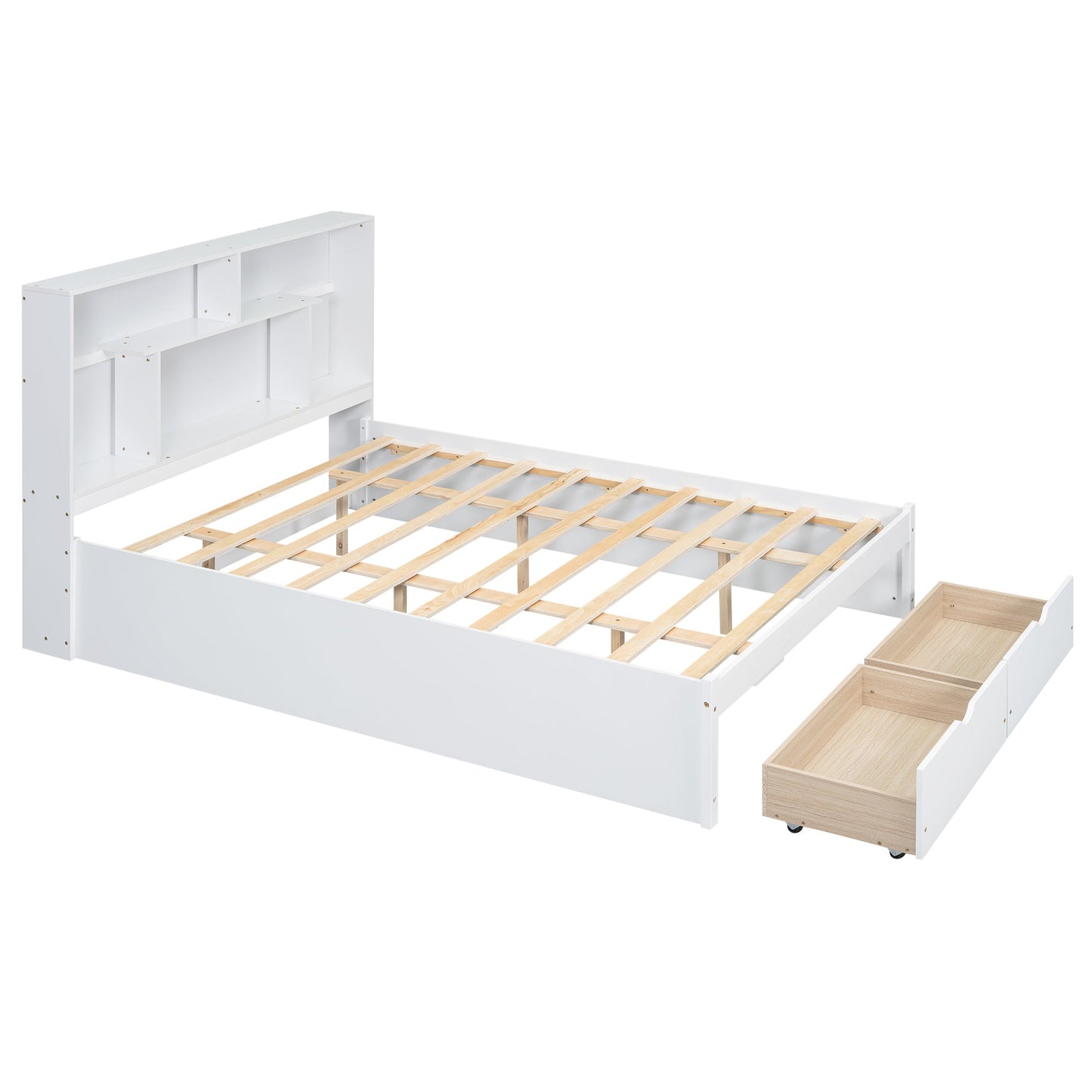 Elegant Queen Size Platform Bed with Storage Headboard, White