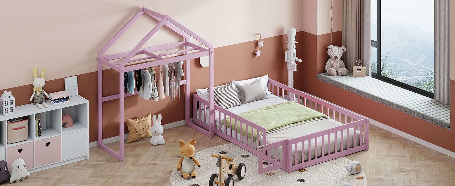 Wooden Full Size Children's Bed with Detachable Headboard and Integrated Clothes Drying Rack, Pink - Korvel