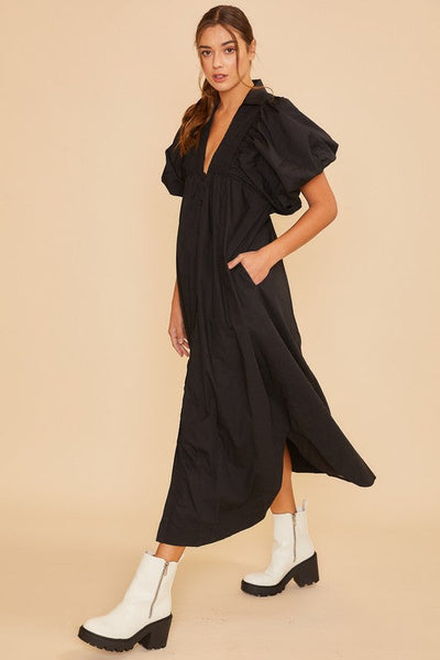 Elegant Black Puff Sleeve Midi Dress for Women