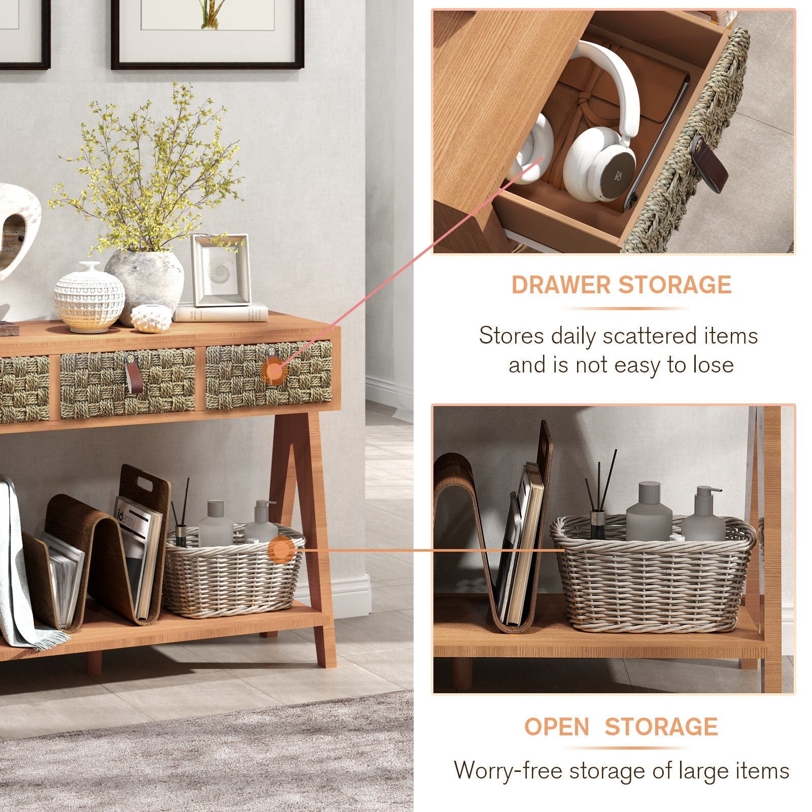 Medieval modern console table with entrance storage space, multifunctional entrance table with 3 drawers, open storage rack - Korvel