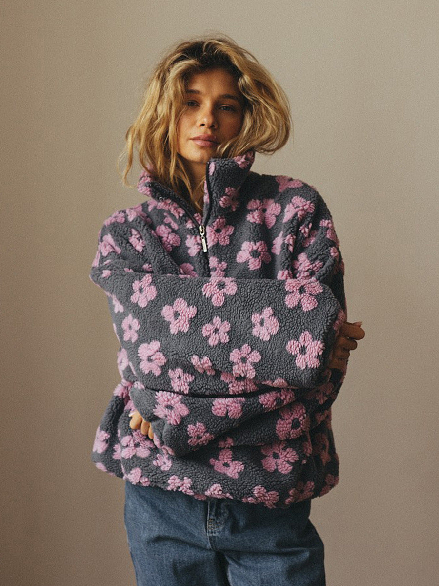 Winter Flowers Lambskin Sweatshirt with Big Pocket