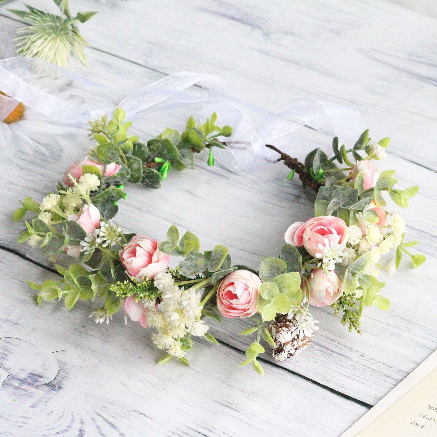 Forest style curled edge rose headband, simulated starry sky, eucalyptus wreath, bride's wedding dress, photography, headwear - Korvel