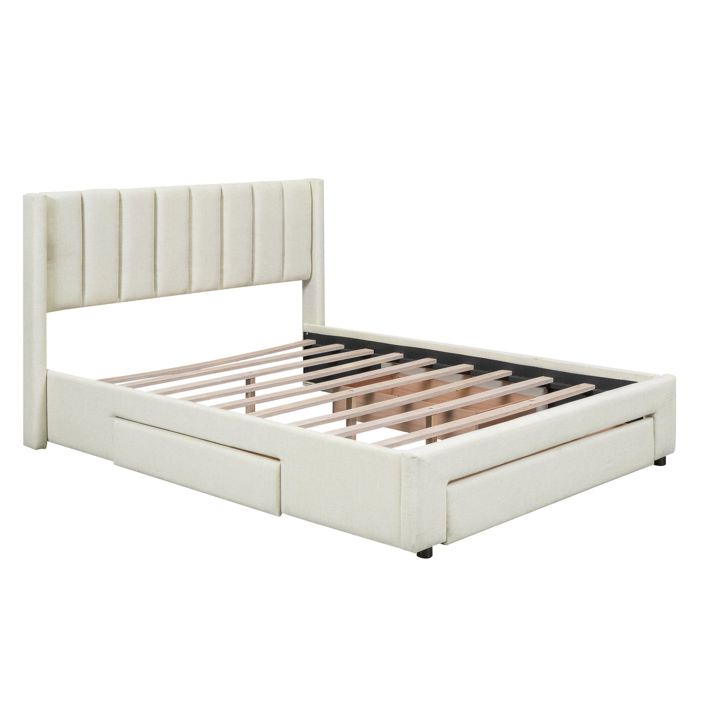 Full Size Upholstered Platform Bed with One Large Drawer in the Footboard and Drawer on Each Side Beige - Korvel