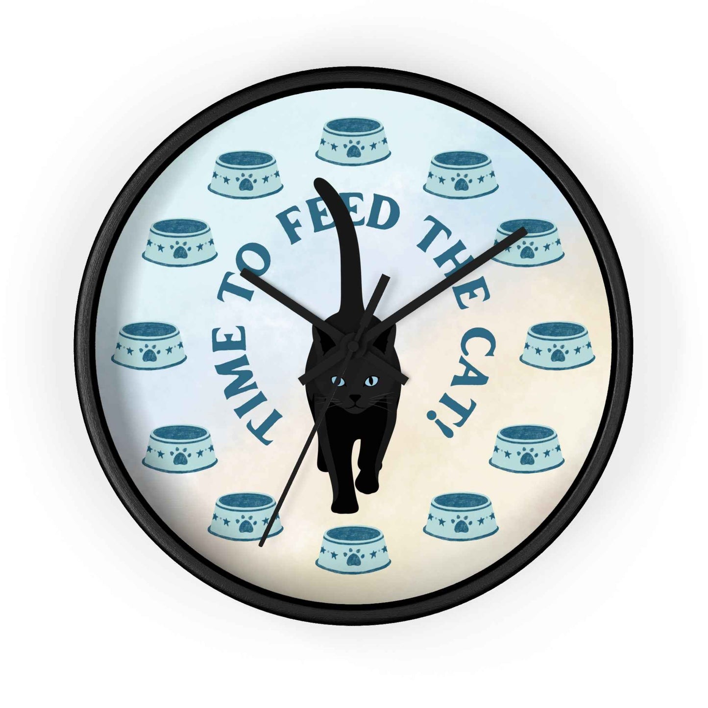 ¡Hora de alimentar al gato! Reloj de pared redondo – Marco negro, 10"