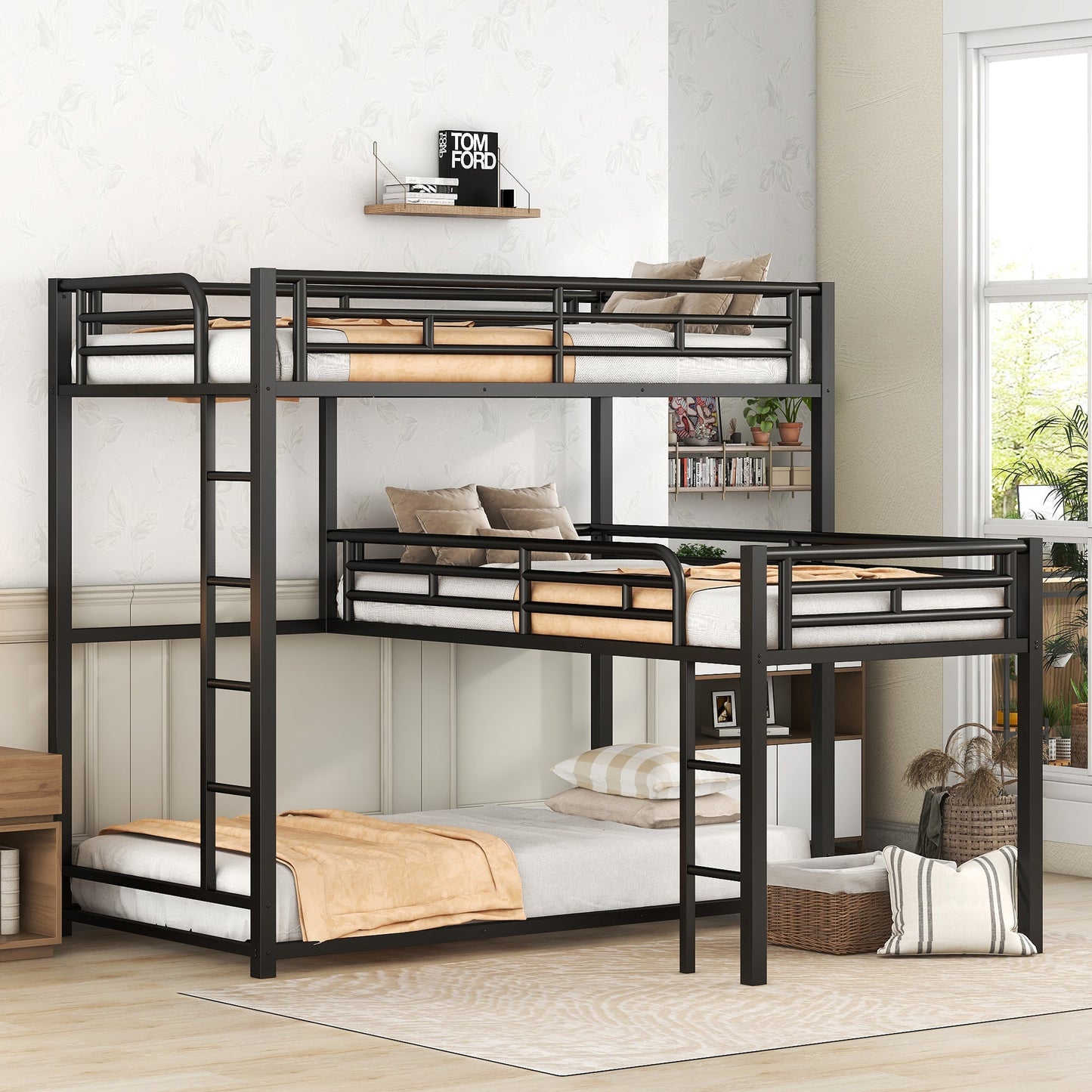 L-shaped Metal Triple Twin Size Bunk Bed, Black - Korvel