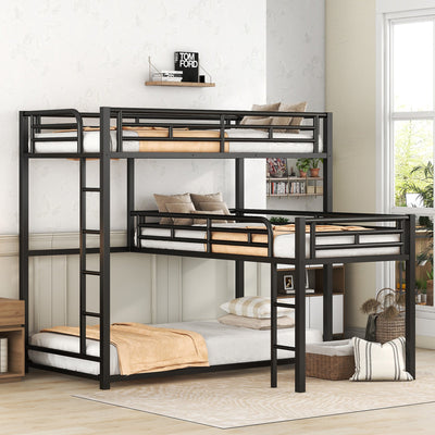 L-shaped Metal Triple Twin Size Bunk Bed, Black - Korvel