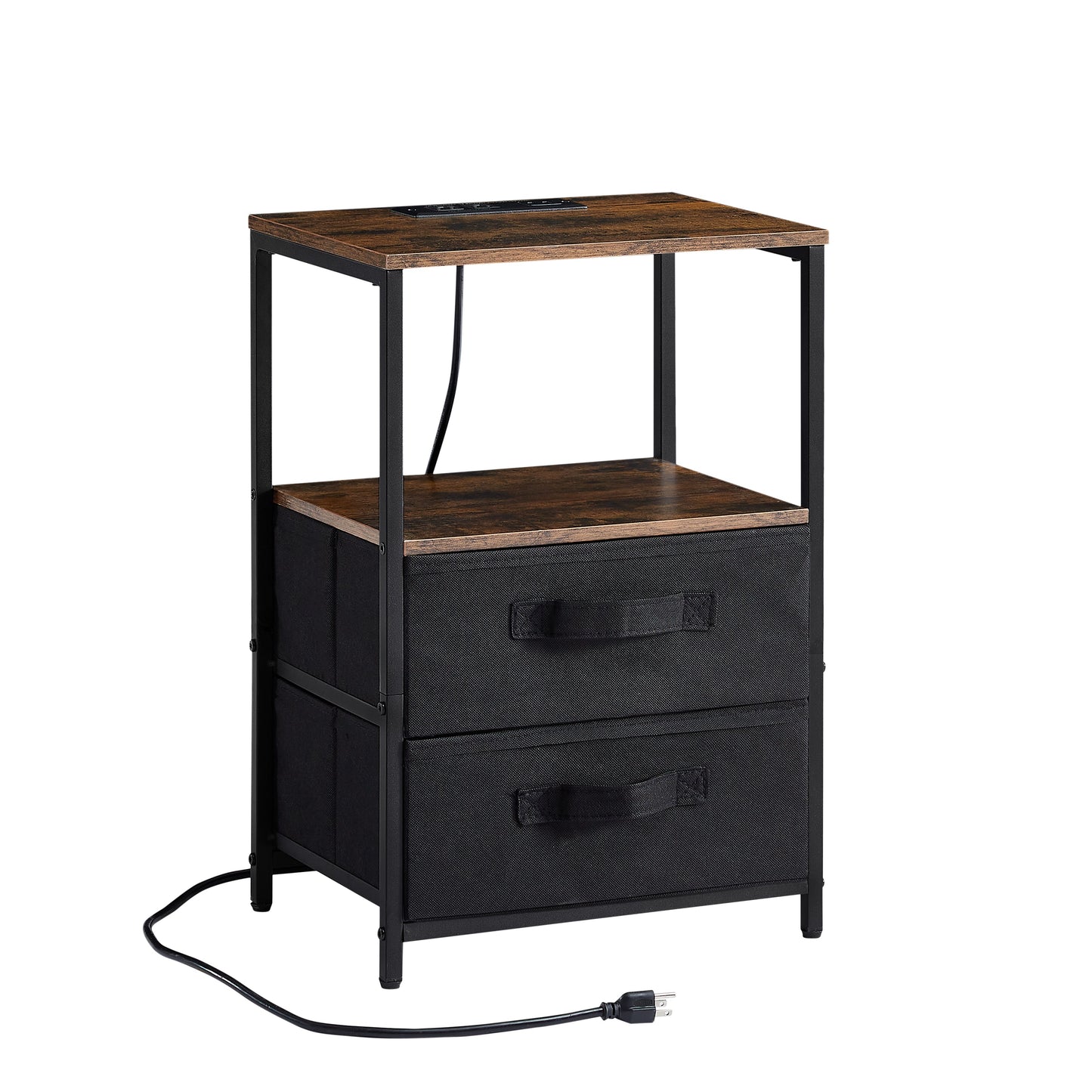 Tea table with charging station, bedside table with USB port, socket and cloth bag, 2 drawers - Korvel
