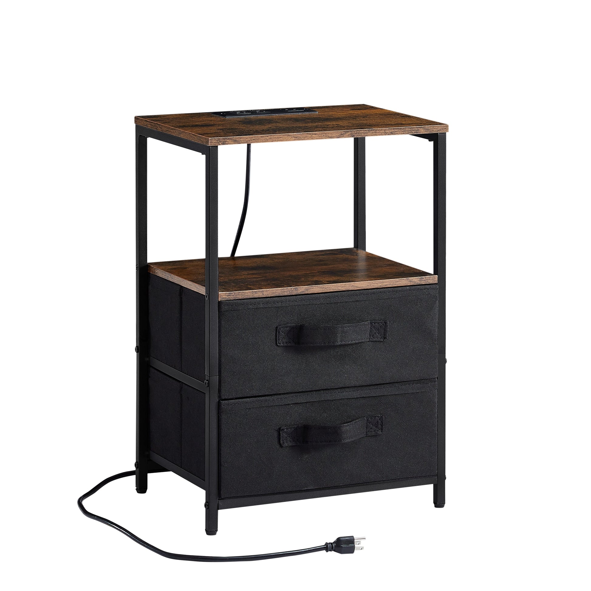 Tea table with charging station, bedside table with USB port, socket and cloth bag, 2 drawers - Korvel