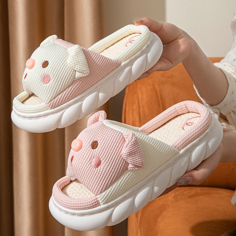 Piggy Cute Couple Open Toe Linen Cotton Linen Slippers - Korvel