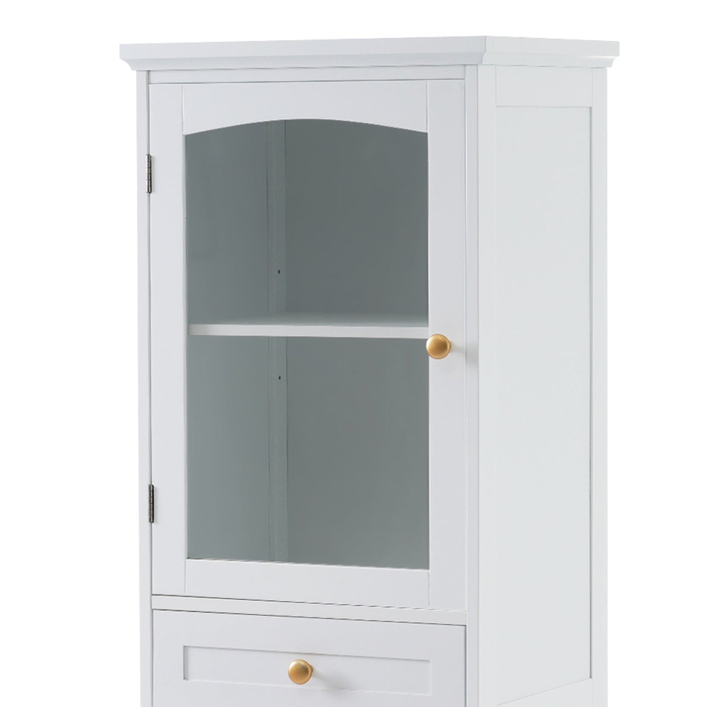 High bathroom storage cabinet with glass door, freestanding, two drawers and adjustable shelves, MDF board, painted white - Korvel