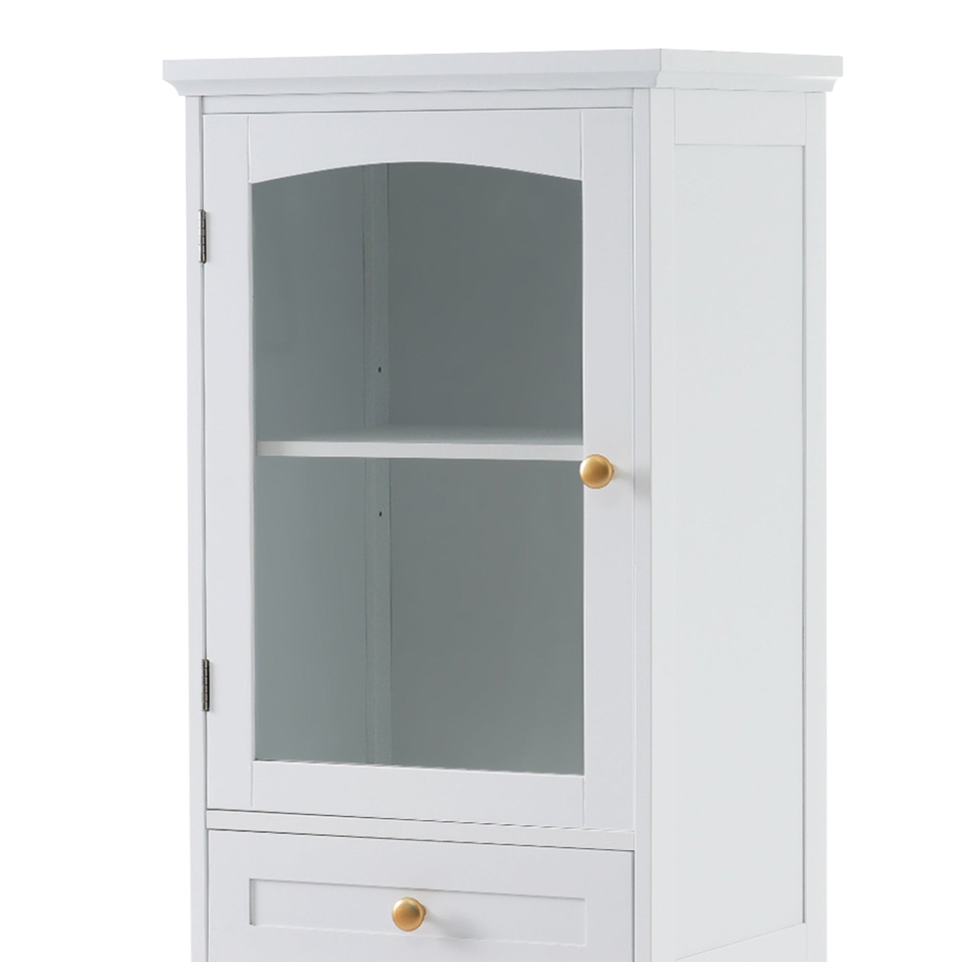 High bathroom storage cabinet with glass door, freestanding, two drawers and adjustable shelves, MDF board, painted white - Korvel