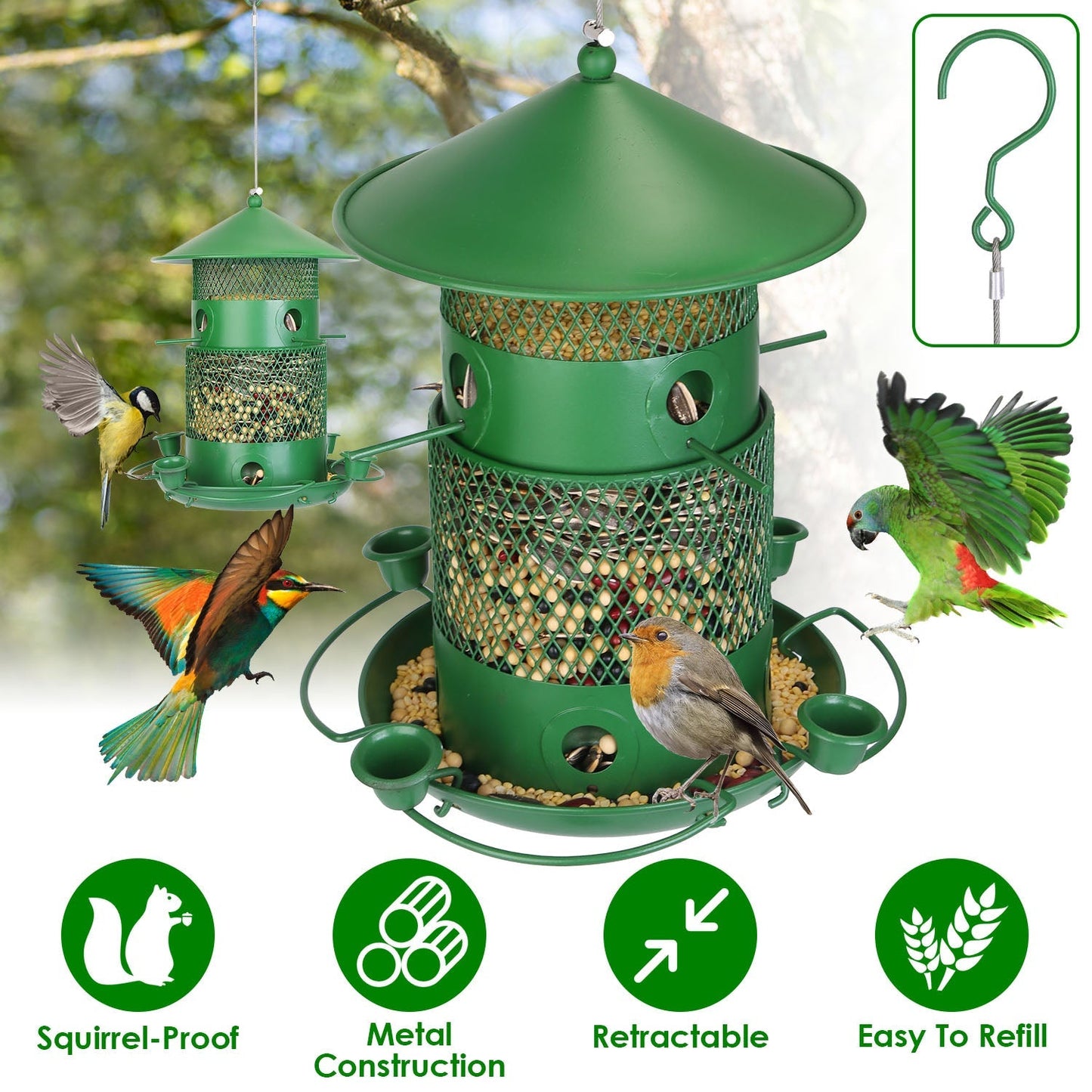 Mangeoire à oiseaux en métal anti-écureuil avec perches à 360°