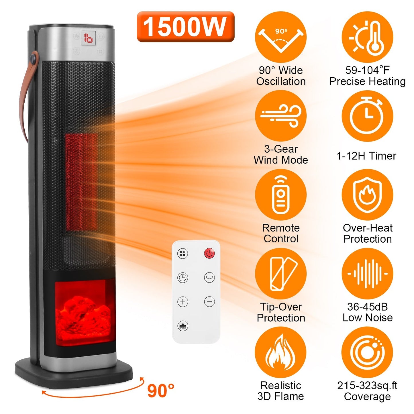 1500W Oscillating Ceramic Tower Space Heater with 3D Flame