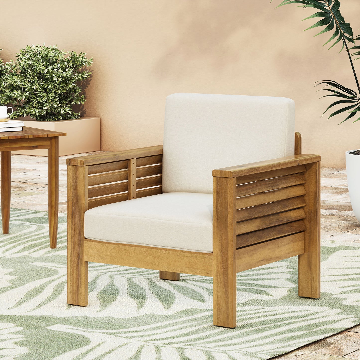 Outdoor Acacia Wood Club Chairs with Cushions, Teak+Beige, 27.75"D x 32"W x 27.75"H - Korvel